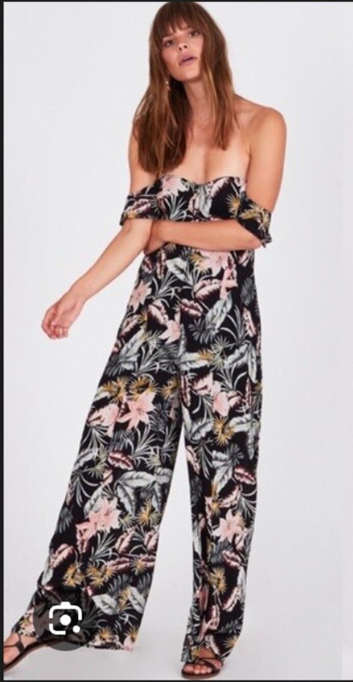 NWT Amuse Society Paz Black Palm Floral Jumpsuit Off Shoulder LARGE